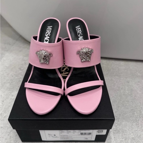 Versace Shoes - Versace Pink Leather Medusa Slide Mules